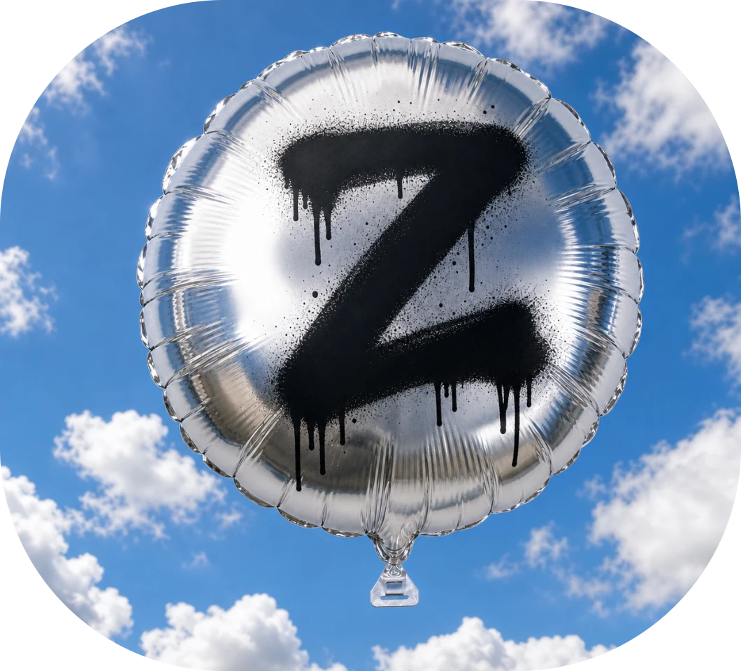 A silver foil balloon with a spray-painted Z, floating against a blue sky.